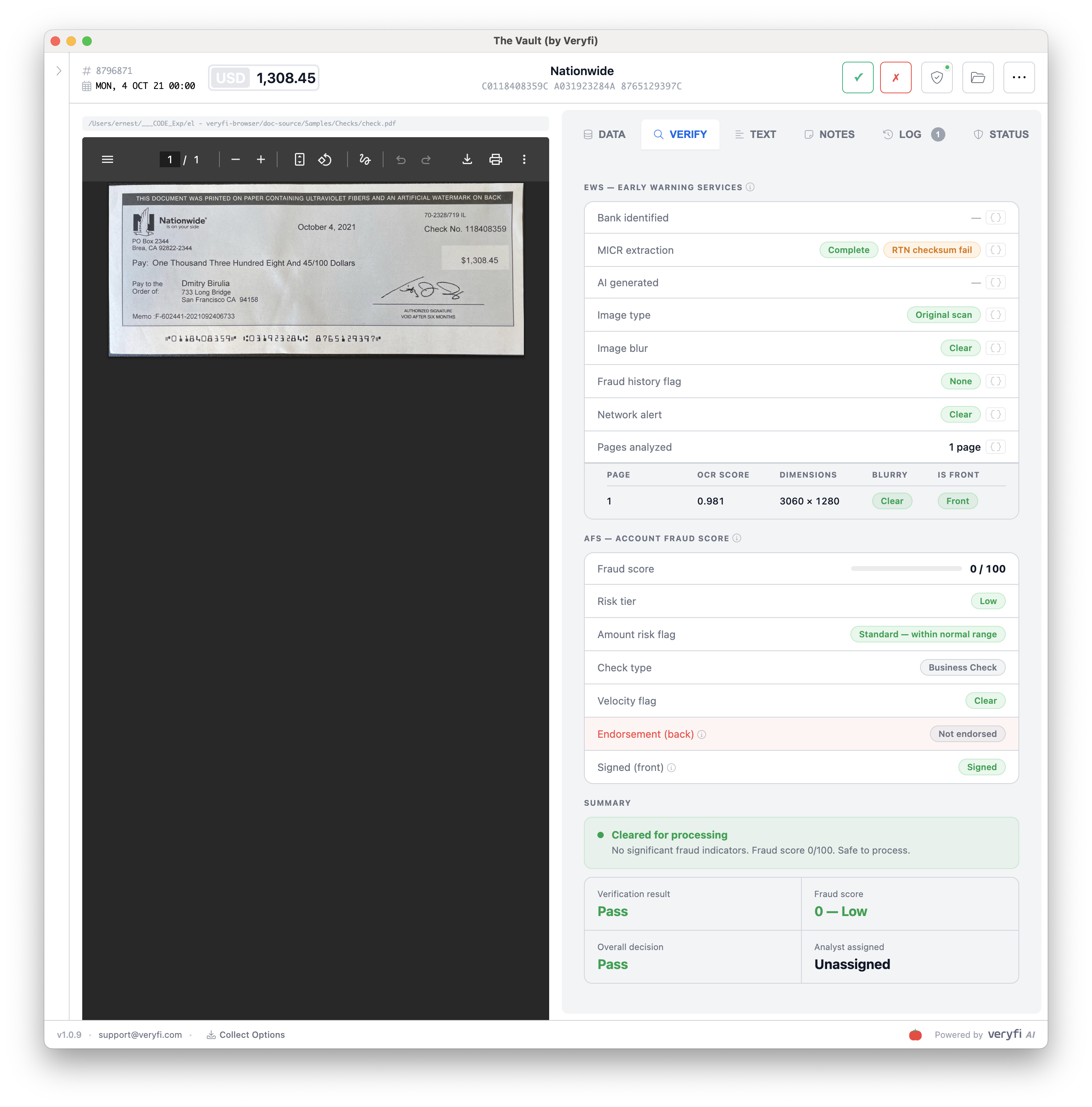 Check Verification: EWS + AFS