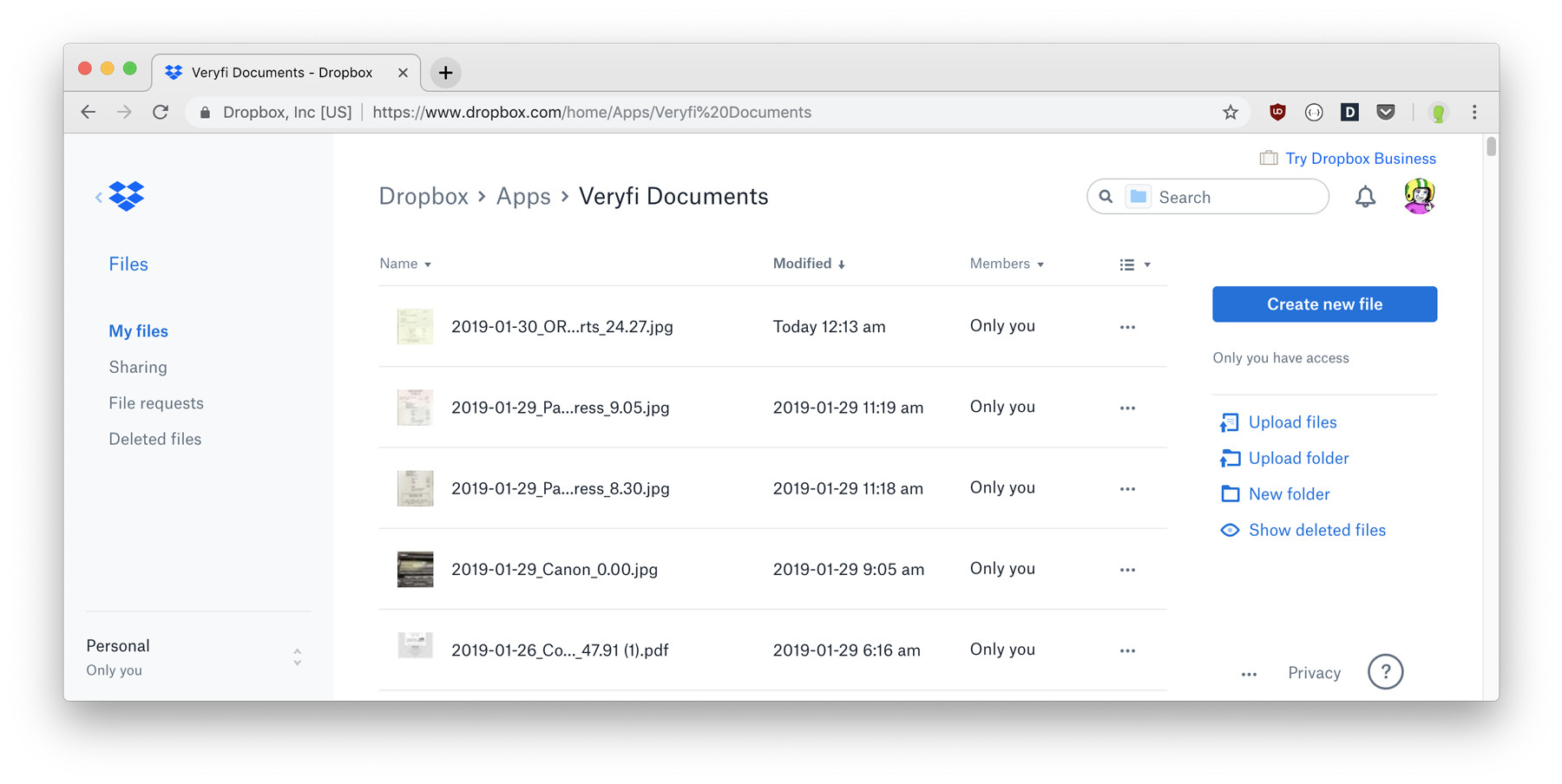 Dropbox Veryfi Slurp Integration showing Veryfi Documents folder where Receipts, Bills & Invoices are backed up to