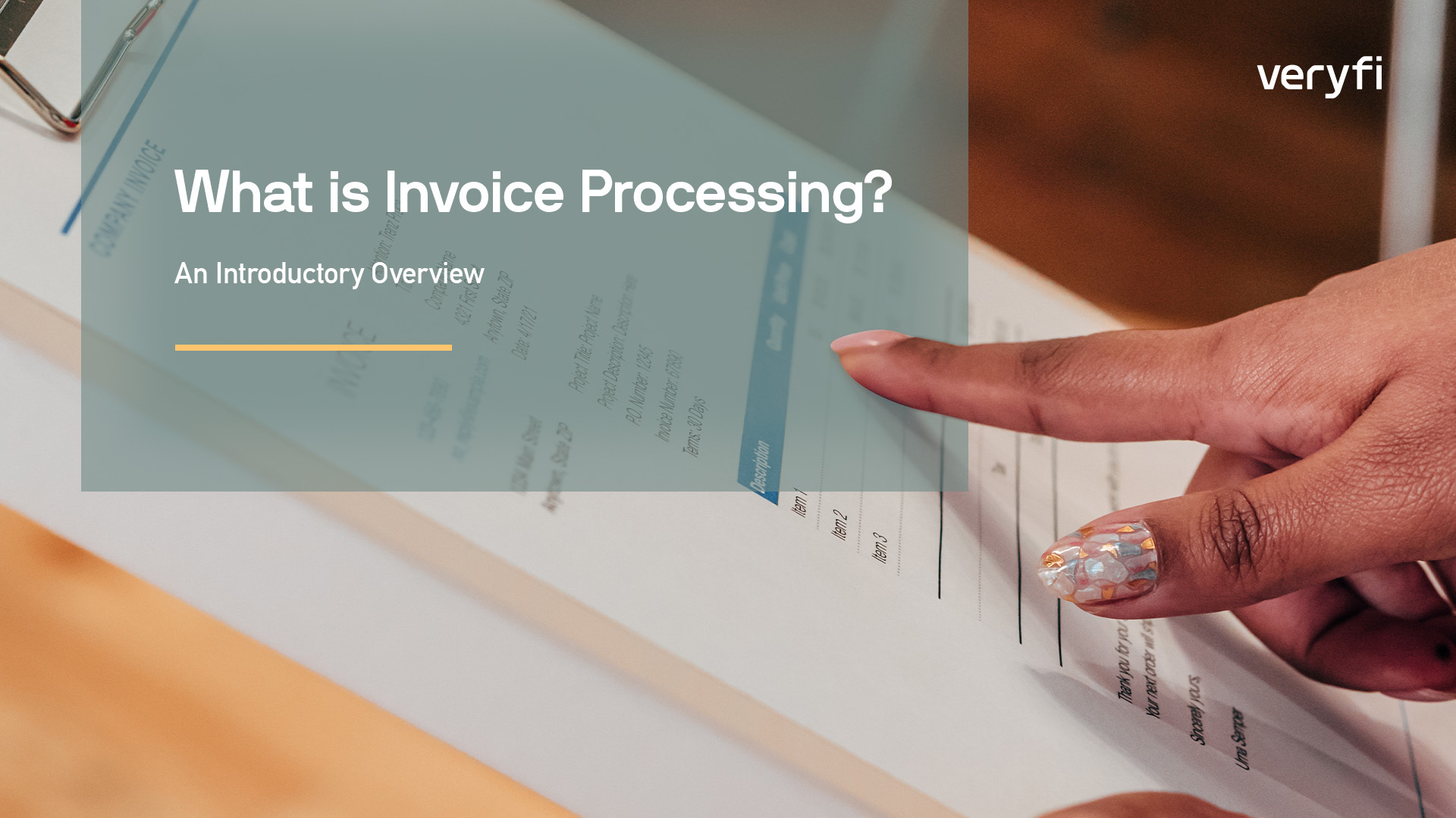 A hand pointing at a printed invoice.